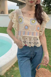 Square Neck Knitted Embroidered Lace Crochet Shirts